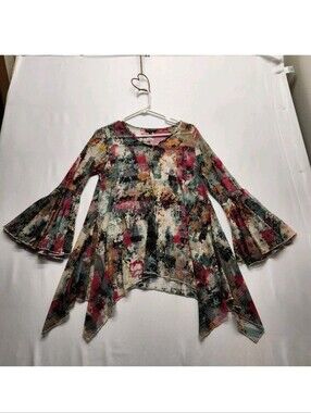 ⭐️Dor Dor Couture Whimsigoth Abstract Mesh Bell Sleeve Sharkbite Tunic Top Small